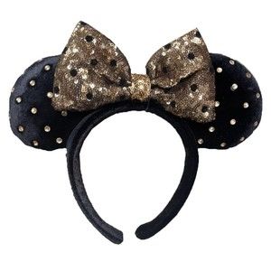 Disney Parks Black Gold Velvet Felt Studded Minnie Mouse Headband Ears New